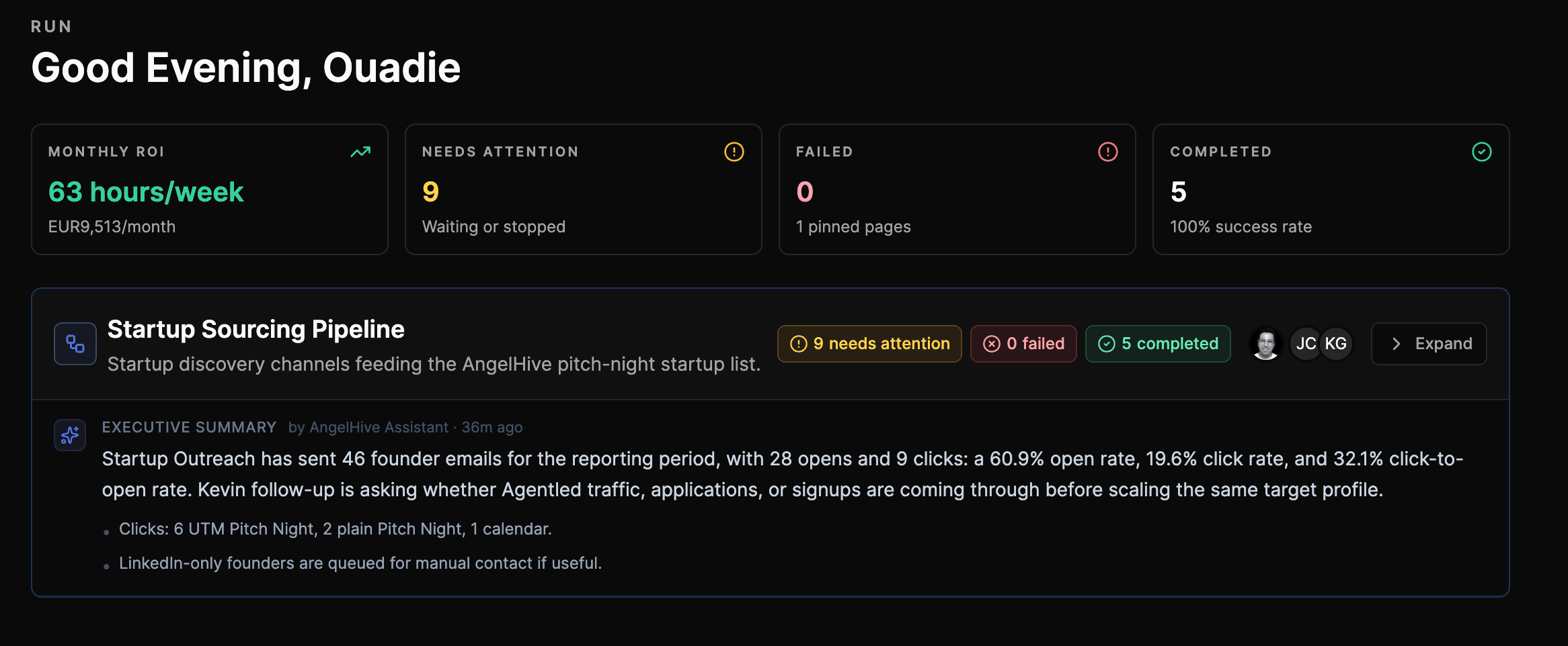Espace client AgentLed affichant l’état des workflows, les validations, les runs terminés et le ROI