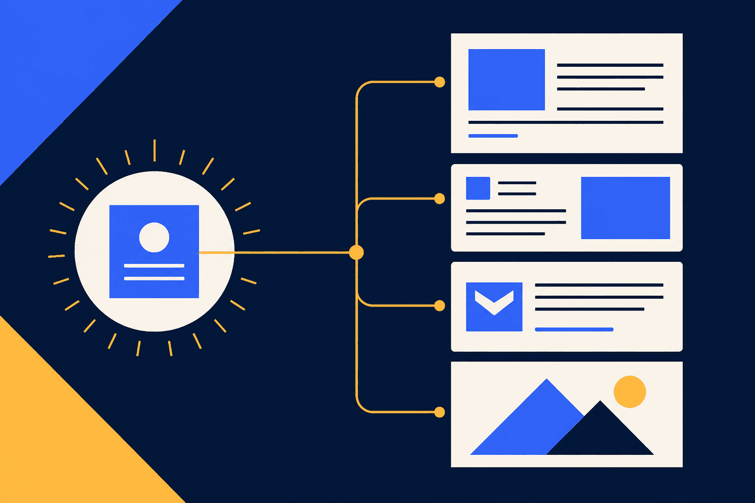 Blue source document branches along gold lines into four cream content cards on a navy background.