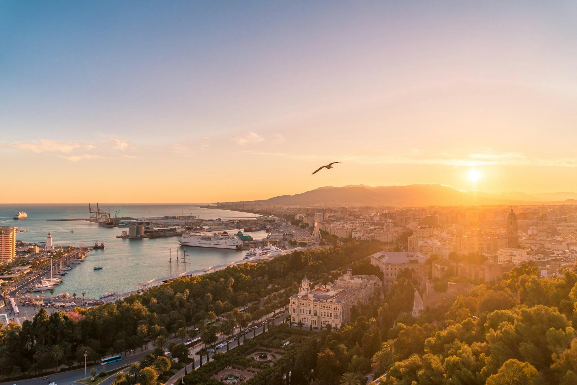 The Mediterranean coast of Málaga, Spain, at sunset