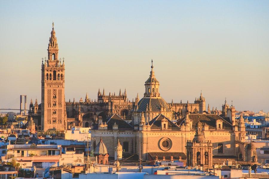 Seville cathedral and rooftops at golden hour
